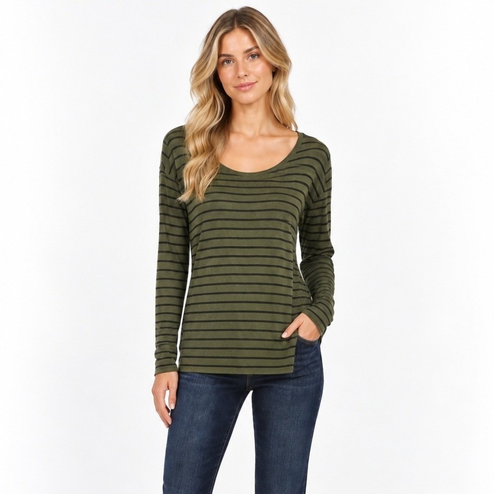 Vince Women's Striped Print Scoop Neck Long Sleeve Lightweight Top Size Medium
